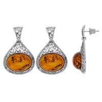 Boucles d'oreilles cabochon ambre cognac ovale, motif antique, argent 925/1000 vieilli