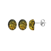 Boucles d'oreilles cabochon ovale ambre verte, argent 925/1000