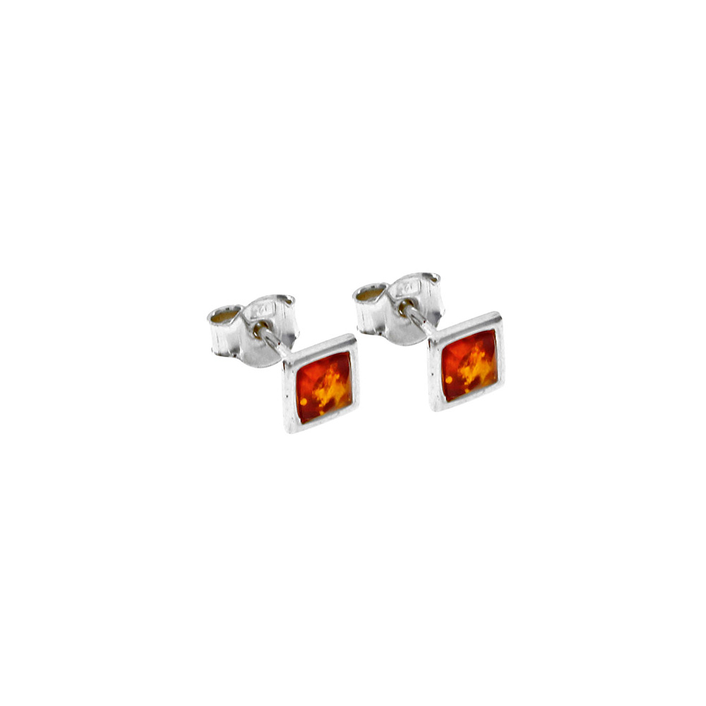 Boucles d'oreilles carrées ambre couleur cognac avec contour en argent 925/1000