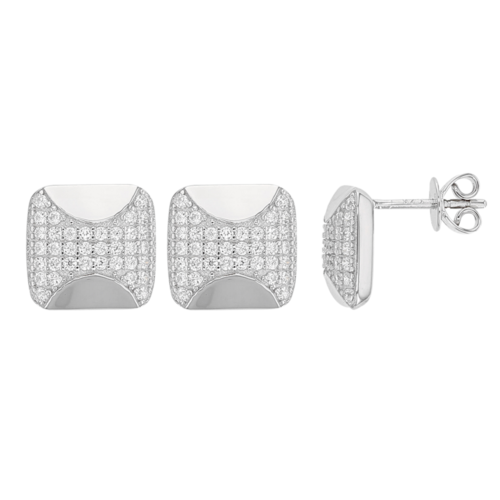 Boucles d'oreilles carrées bombés en argent 925/1000 rhodié et oxydes de zirconium