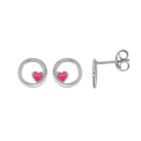 Boucles d'oreilles cercles ajourés, émail fuchsia en argent 925/1000 rhodié