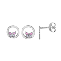 Boucles d'oreilles cercles ajourés, papillon émail rose et blanc en argent 925/1000 rhodié
