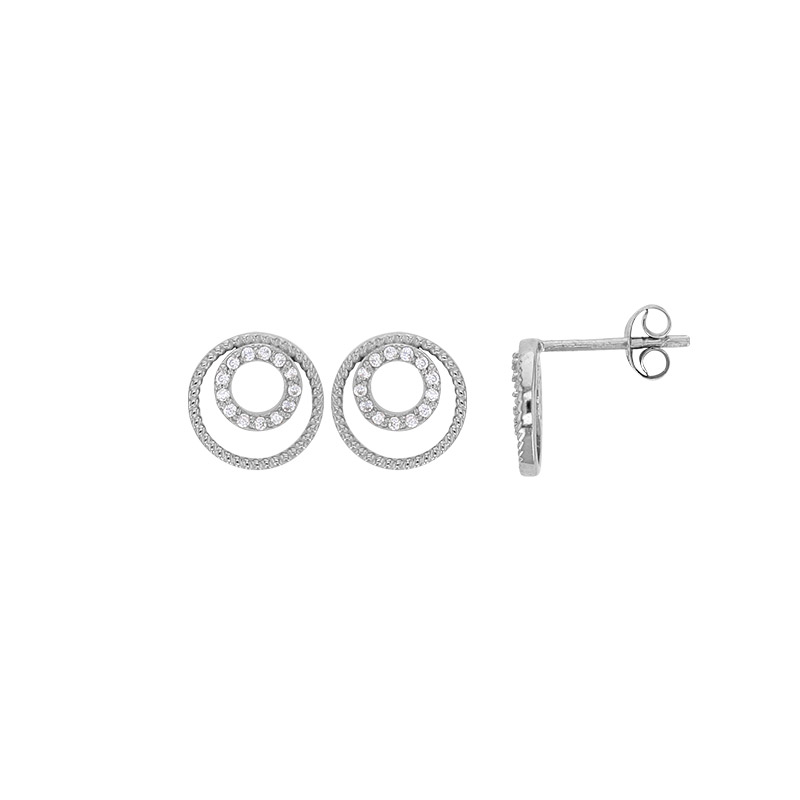 Boucles d'oreilles 2 cercles aspect strié et oxydes, argent 925/1000 platiné