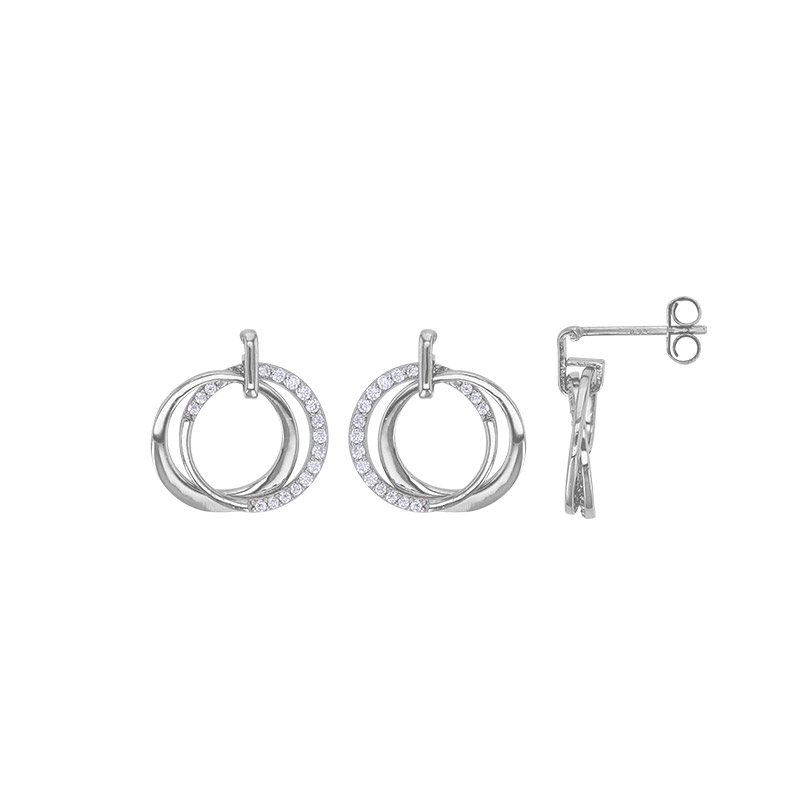 Boucles d'oreilles 2 cercles entrelacés sertis d'oxydes, argent 925/1000 rhodié