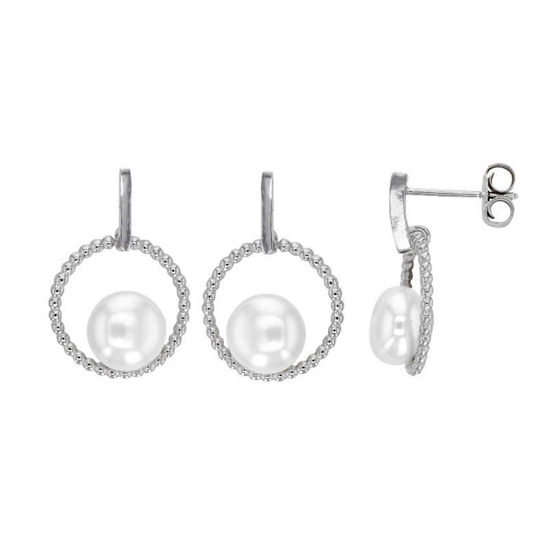Boucles d'oreilles cercles fantaisie avec perles de culture d'eau douce en argent rhodié
