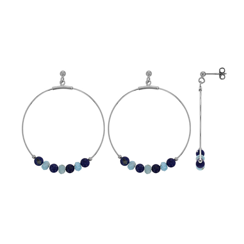 Boucles d'oreilles cercles ornées de petites pierres Larimar et Sodalite, argent 925/1000 rhodié