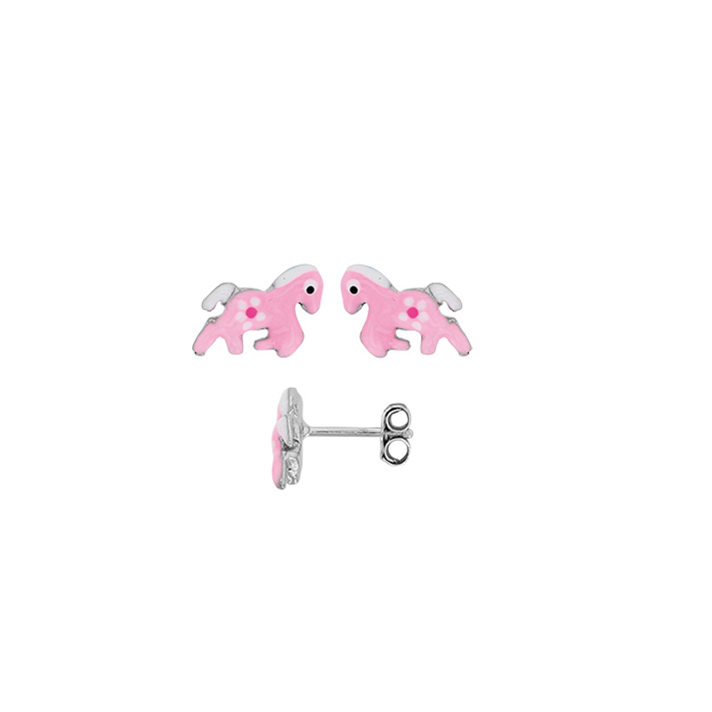 Boucles d'oreilles cheval rose en argent rhodié