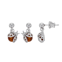 Boucles d'oreilles coccinelle ambre cognac en argent 925/1000 rhodié