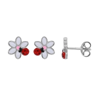 Boucles d'oreilles coccinelle sur fleur émail multicolore, argent 925/1000 rhodié