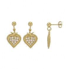 Boucles d'oreilles coeur aspect perlé et oxydes, argent 925/1000 doré