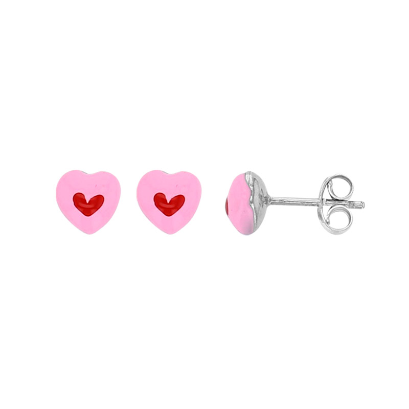 Boucles d'oreilles 2 coeurs émail rose rouge et argent 925/1000 rhodié