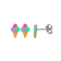 Boucles d'oreilles cornet de glace émail vert fluo rose violet argent 925/1000 rhodié