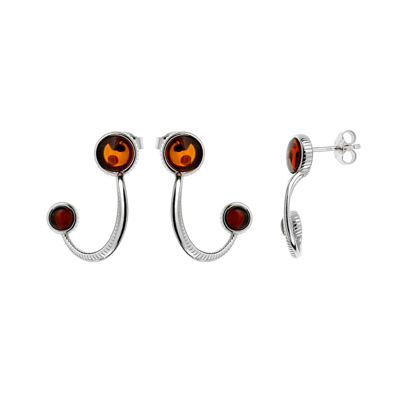 Boucles d'oreilles courbées et striées Ambre cognac et cerise, argent 925/1000 rhodié