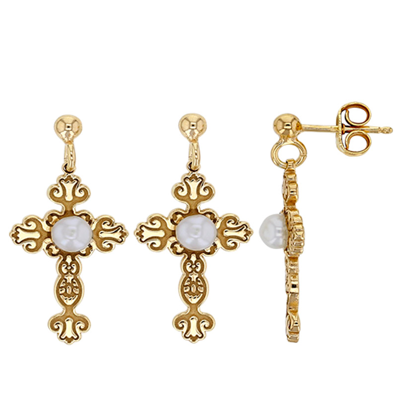 Boucles d'oreilles croix avec perle de culture d’eau douce, argent 925/1000 doré