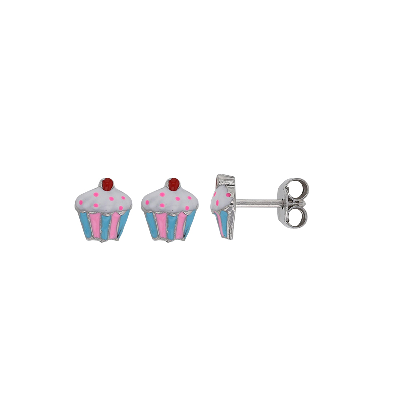 Boucles d'oreilles cupcake en Argent 925/1000 rhodié et émail