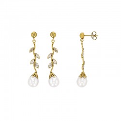 Boucles d'oreilles de mariée Or 750/1000 perle de culture d'eau douce et feuilles ornées d'oxydes