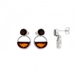 Boucles d'oreilles demi-cercle et rond Ambre cerise et cognac, argent 925/1000 rhodié