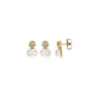 Boucles d'oreilles demi perle de Majorque blanche, oxyde serti clos, laiton doré