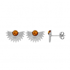 Boucles d'oreilles demi-soleil pierre ronde ambre et argent 925/1000 rhodié