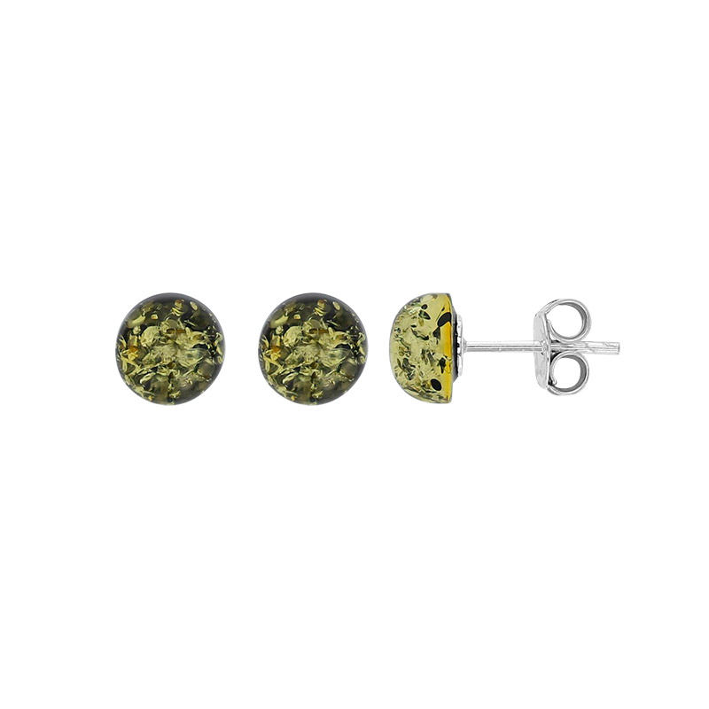 Boucles d'oreilles demies-boules ambre verte en argent 925/1000