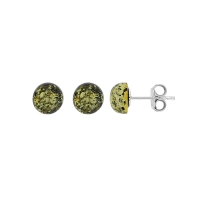 Boucles d'oreilles demies-boules ambre verte en argent 925/1000