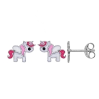 Boucles d'oreilles diamanté licorne émail blanc et rose en argent 925/1000 rhodié