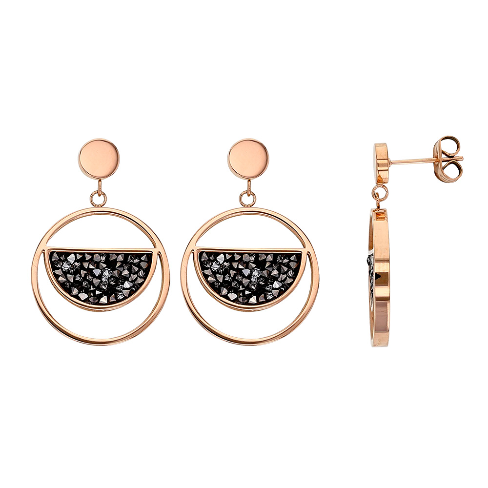Boucles d'oreilles en acier doré rond avec un demi-cercle orné de cristaux noirs