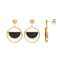 Boucles d'oreilles en acier doré rond avec un demi-cercle orné de cristaux noirs