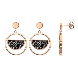 Boucles d'oreilles en acier doré rond avec un demi-cercle orné de cristaux noirs
