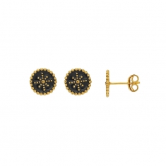 Boucles d'oreilles en argent 925/1000 doré puces ronde en émail noir avec étoile