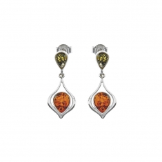 Boucles d'oreilles en argent 925/1000 et ambre bicolore, en forme de pique