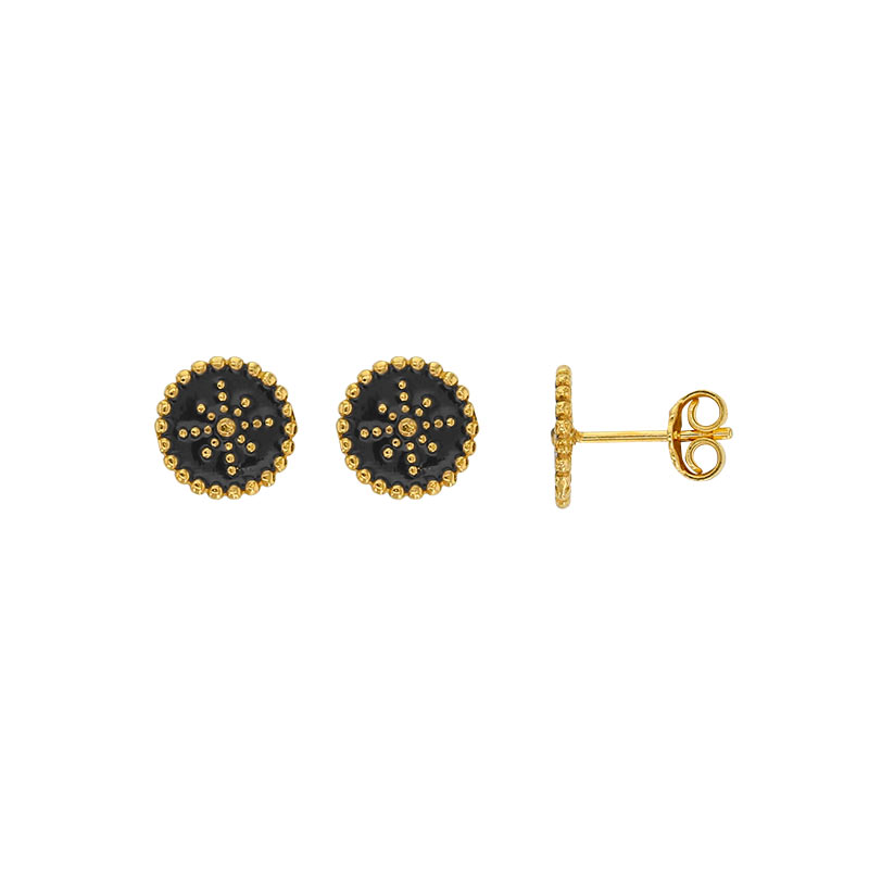 Boucles d'oreilles en argent 925/1000 doré puces ronde en émail noir avec étoile