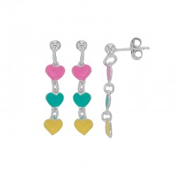 Boucles d'oreilles enfant 3 coeurs émail rose vert jaune argent 925/1000