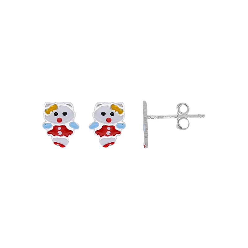 Boucles d'oreilles enfant chat en émail jaune rouge blanc bleu argent 925/1000