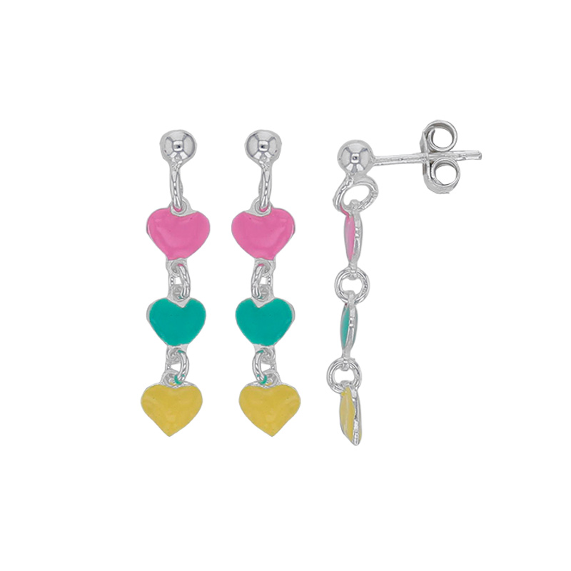Boucles d'oreilles enfant 3 coeurs émail rose vert jaune argent 925/1000