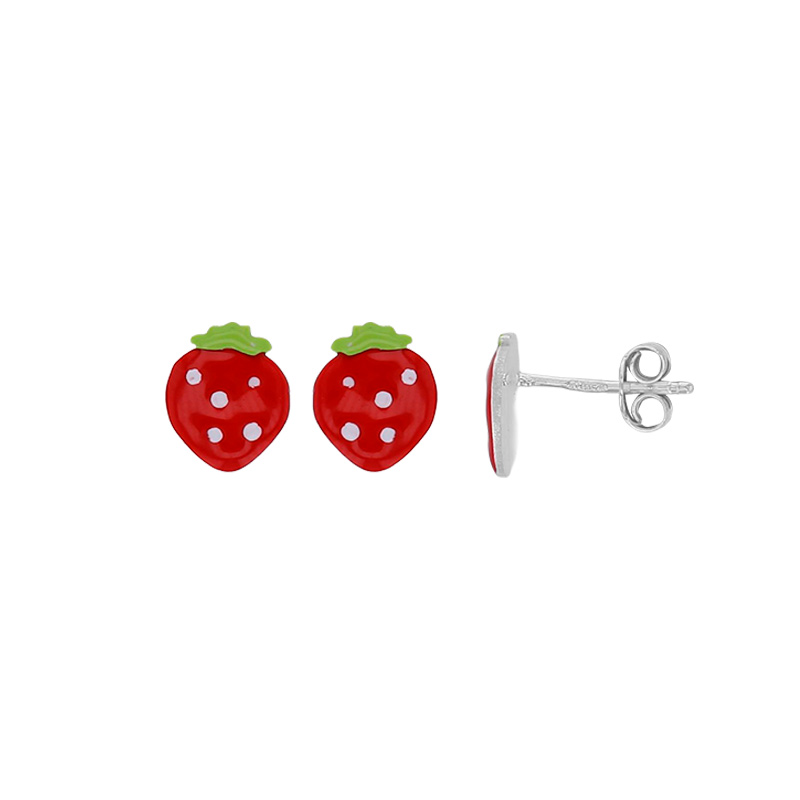 Boucles d'oreilles enfant fraise en émail vert rouge blanc argent 925/1000