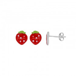Boucles d'oreilles enfant fraise en émail vert rouge blanc argent 925/1000