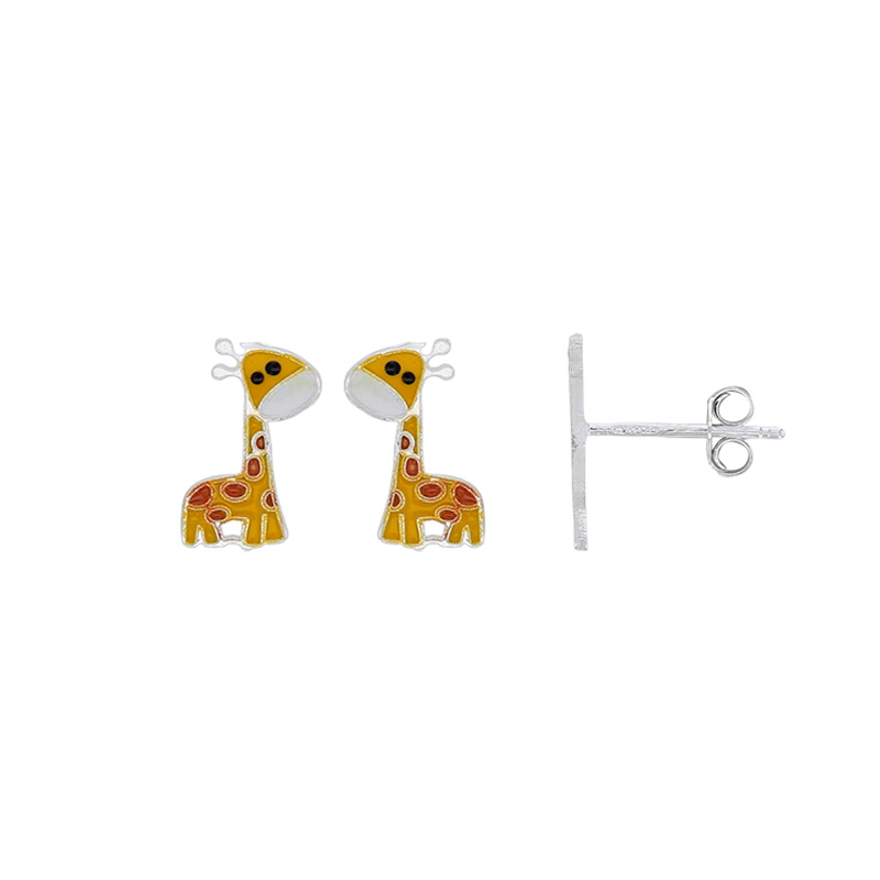 Boucles d'oreilles enfant girafe en émail jaune rouge blanc noir argent 925/1000
