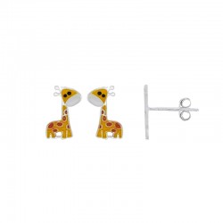 Boucles d'oreilles enfant girafe en émail jaune rouge blanc noir argent 925/1000