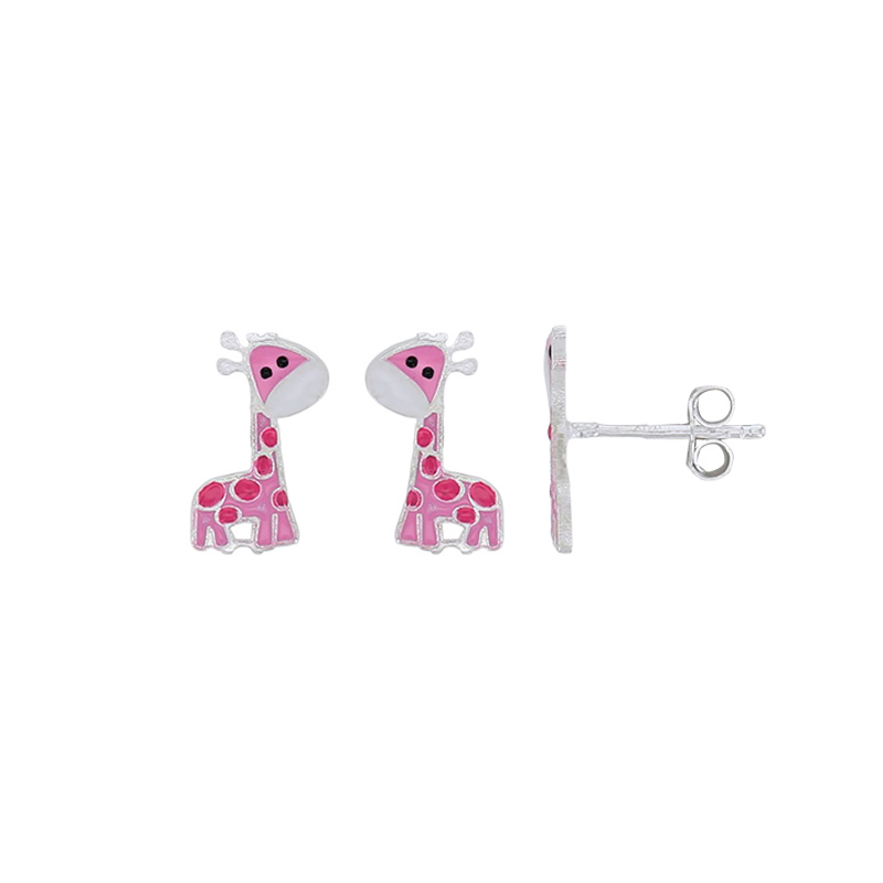 Boucles d'oreilles enfant girafe en émail rose blanc noir argent 925/1000