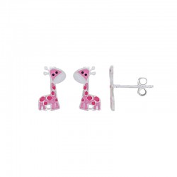 Boucles d'oreilles enfant girafe en émail rose blanc noir argent 925/1000