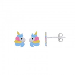 Boucles d'oreilles enfant licorne émail rose jaune bleu argent 925/1000