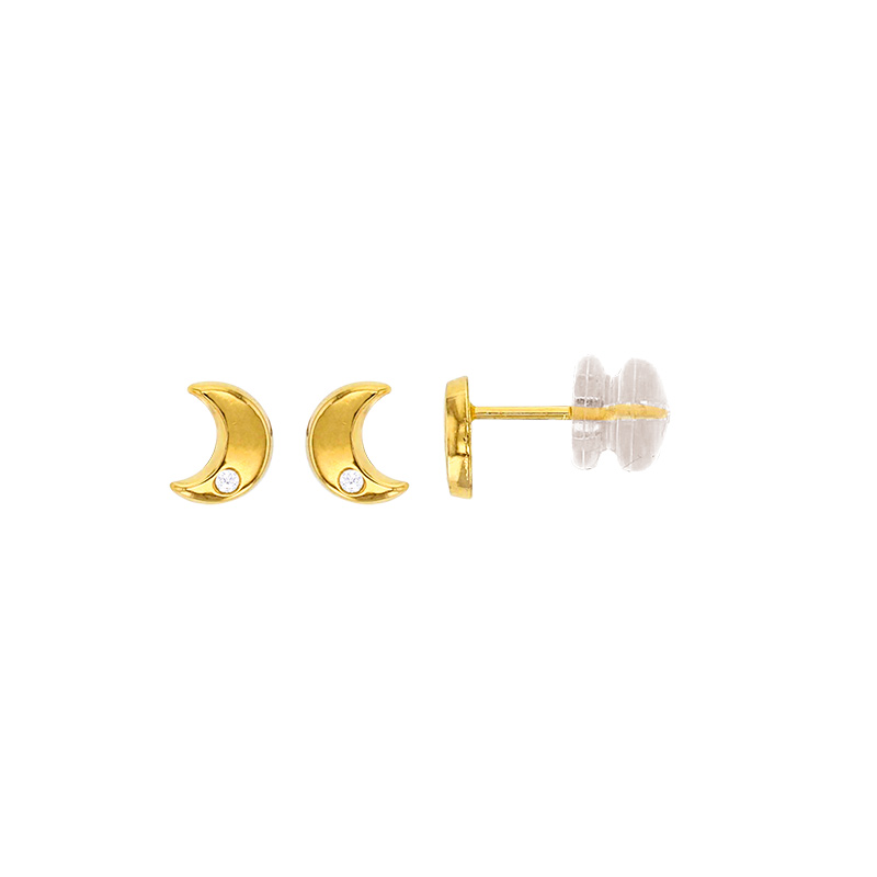 Boucles d'oreilles enfant lune Or 375/1000 ornées d'un oxyde et poussettes silicone