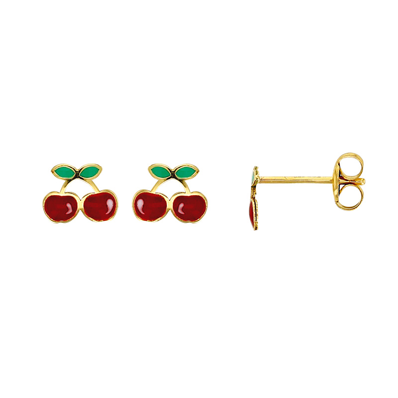 Boucles d'oreilles enfants or 375/1000 avec émail - Cerises