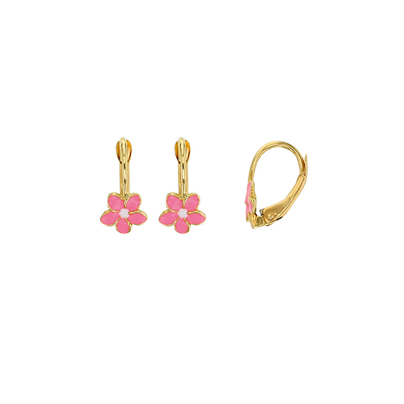 Boucles d'oreilles enfants Or 375/1000 avec émail - fleur rose