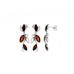 Boucles d'oreilles feuilles en Ambre cerise et cognac, argent 925/1000 rhodié