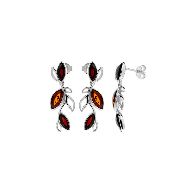 Boucles d'oreilles feuilles en Ambre cerise et cognac, argent 925/1000 rhodié