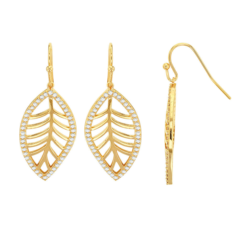 Boucles d'oreilles fil en Plaqué Or en forme feuille oxyde de zirconium