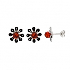 Boucles d'oreilles fleur ambre cognac et émail noir en argent 925/1000 rhodié