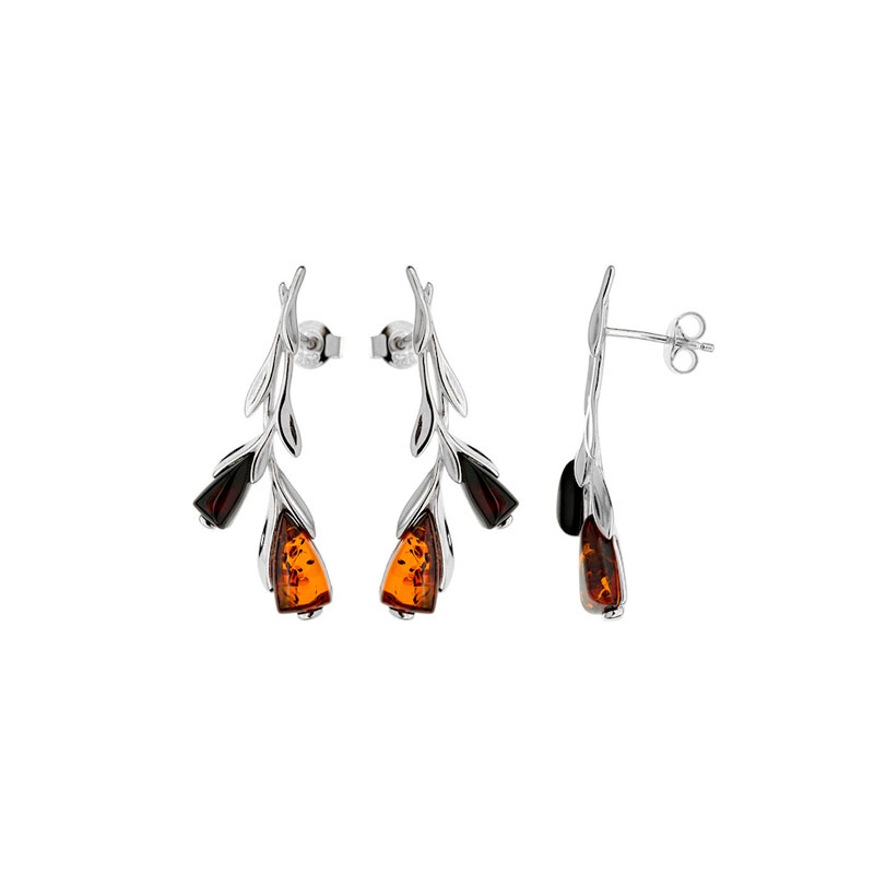 Boucles d'oreilles fleur Ambre cognac et pétales couleur cerise, argent 925/1000 rhodié